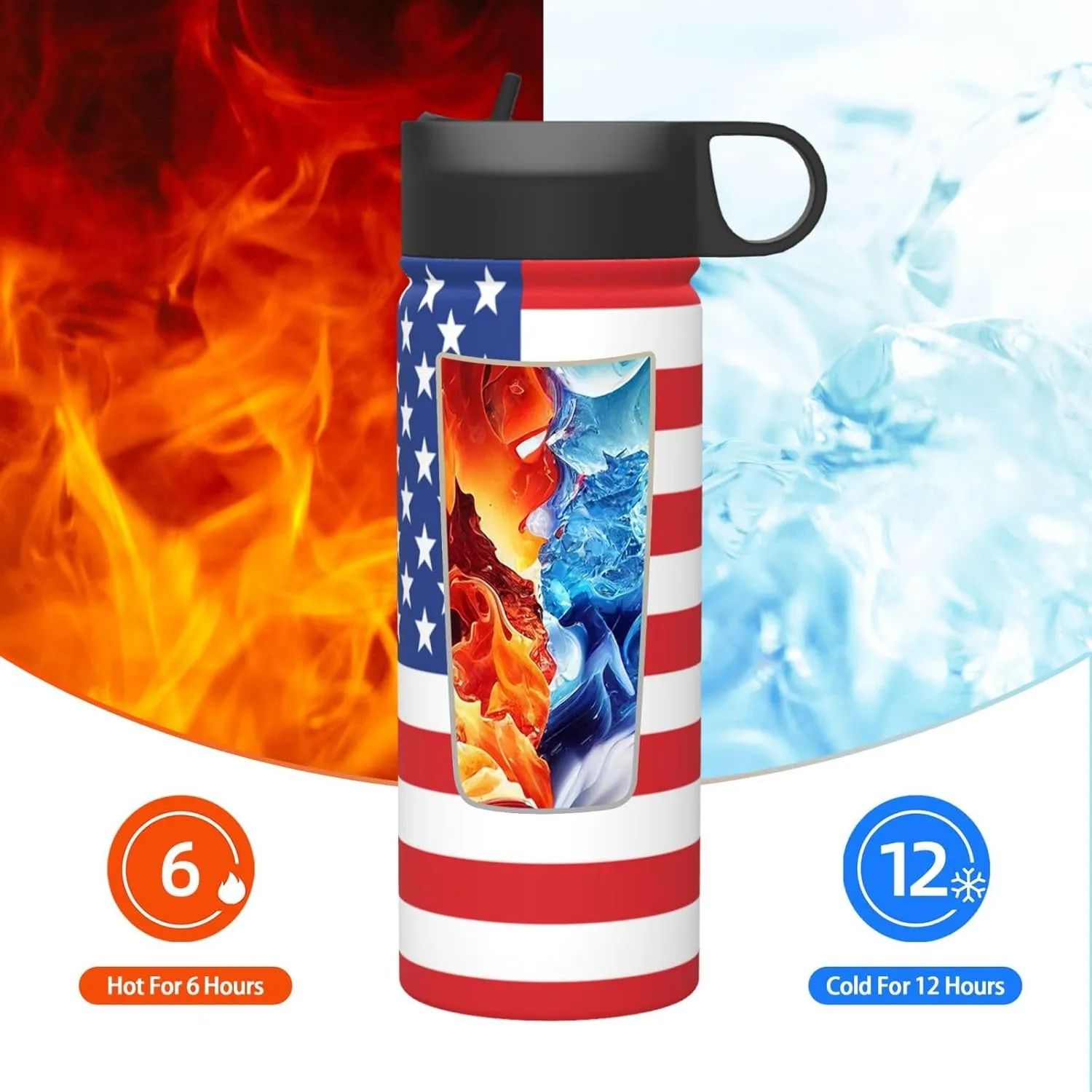 18oz USA Flag Insulated Water Bottles With Straw, Stars and Stripes Steel Double Walled Vacuum Sports Water Bottle for School