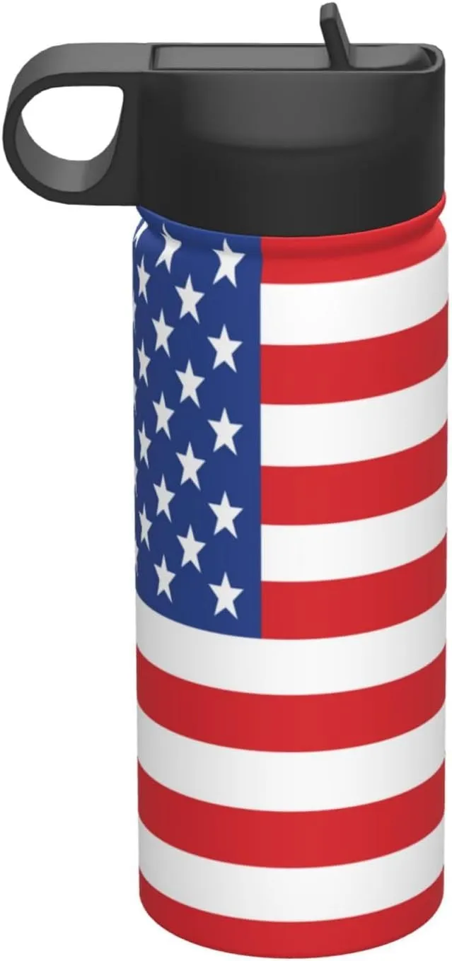18oz USA Flag Insulated Water Bottles With Straw, Stars and Stripes Steel Double Walled Vacuum Sports Water Bottle for School