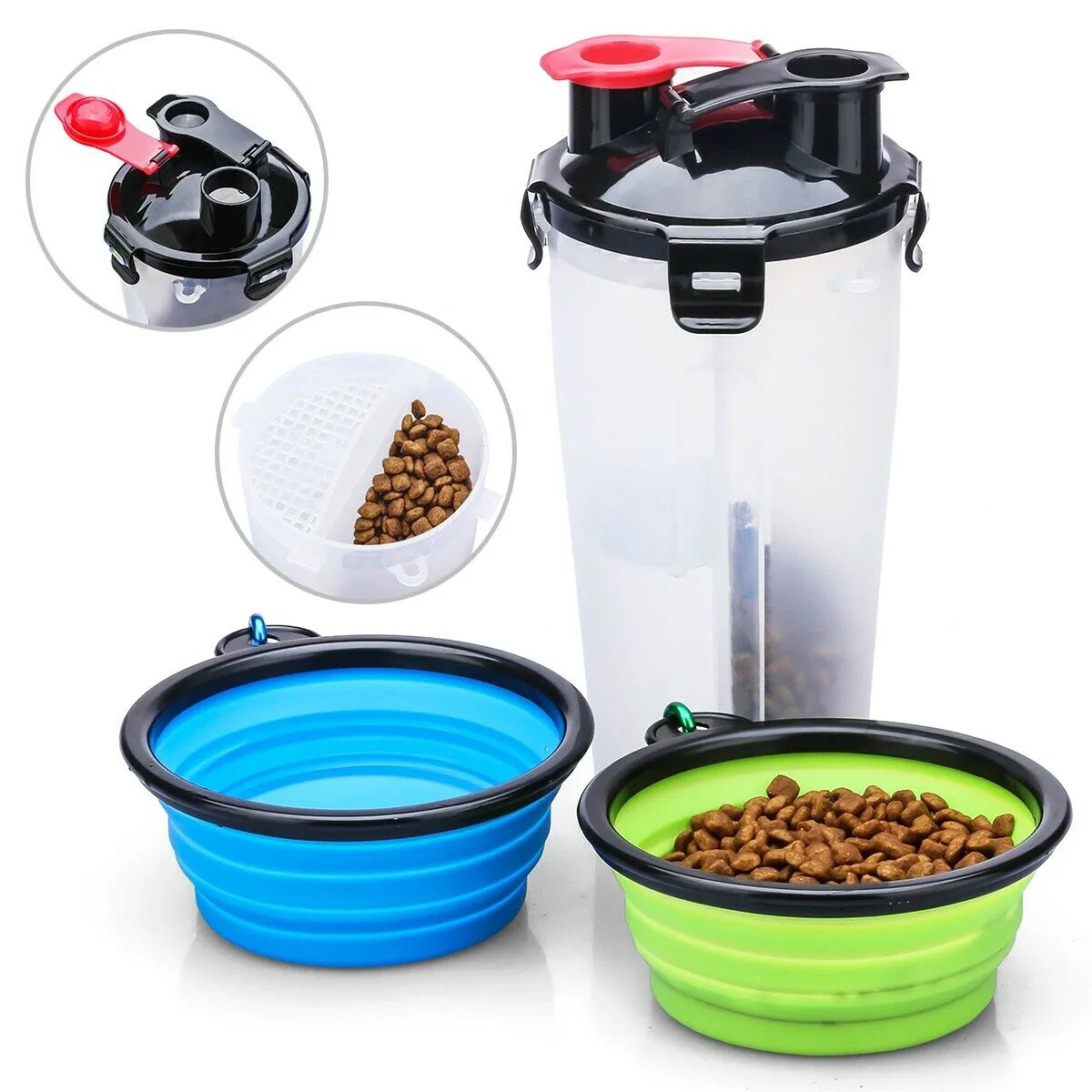 [2-CHAMBER DESIGN] Pet Food Container with Collapsible Dog Bowls for Dogs Cats