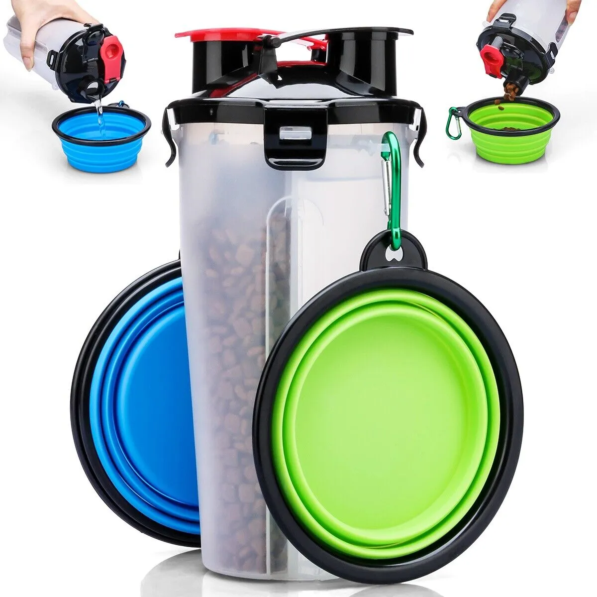 [2-CHAMBER DESIGN] Pet Food Container with Collapsible Dog Bowls for Dogs Cats