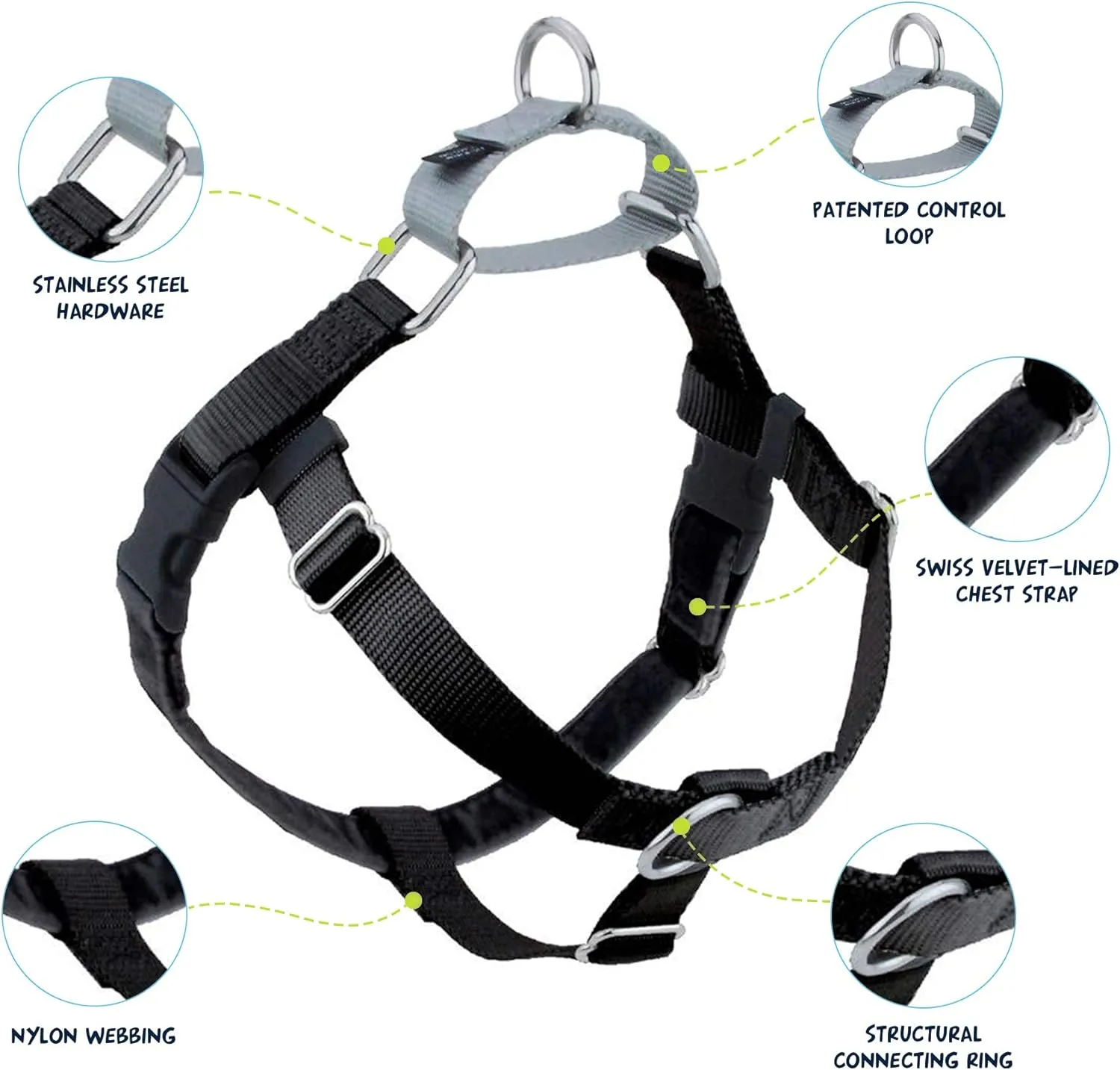 2 Hounds Design Freedom No Pull Dog Harness, Adjustable Harness, Easy Walking & Comfortable Control, Fits Small, Medium & Large Dogs, Solid Colors, Made in USA, 1" MD, Black