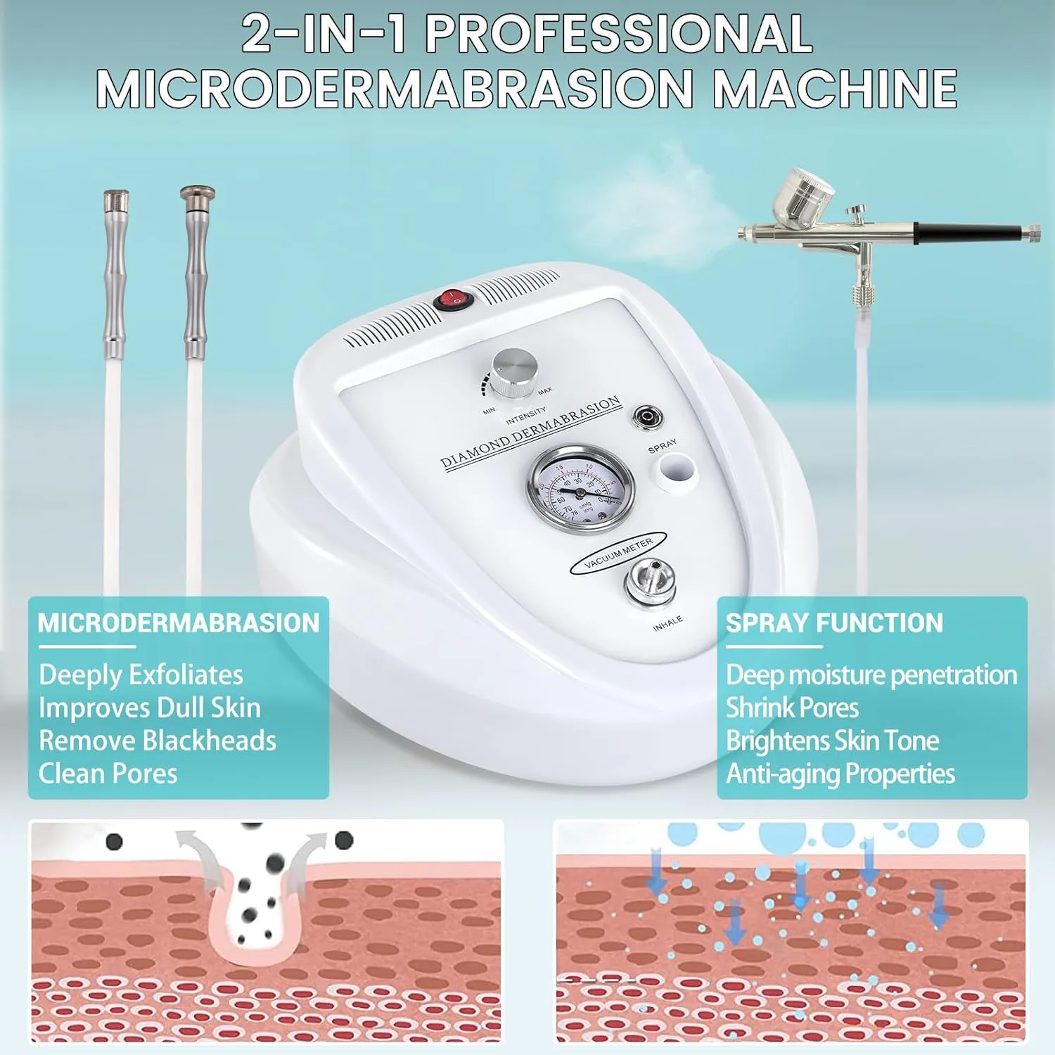 2 in 1 Diamond Micro der-ma-Bra-sion Machine, Yofuly 0-68cmHg Suction Power Professional Diamond Glow Facial Machine with Spray Kit, Facial Skin Care Equipment for Home Use