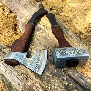 20 Inches Length || 2piece Set || Viking Hammer   Hatchet || Carbon Steel || Wood Handle || Norse-Inspired Design || Viking Collectibles || Viking-Themed Gifts || Leather Sheath Included.