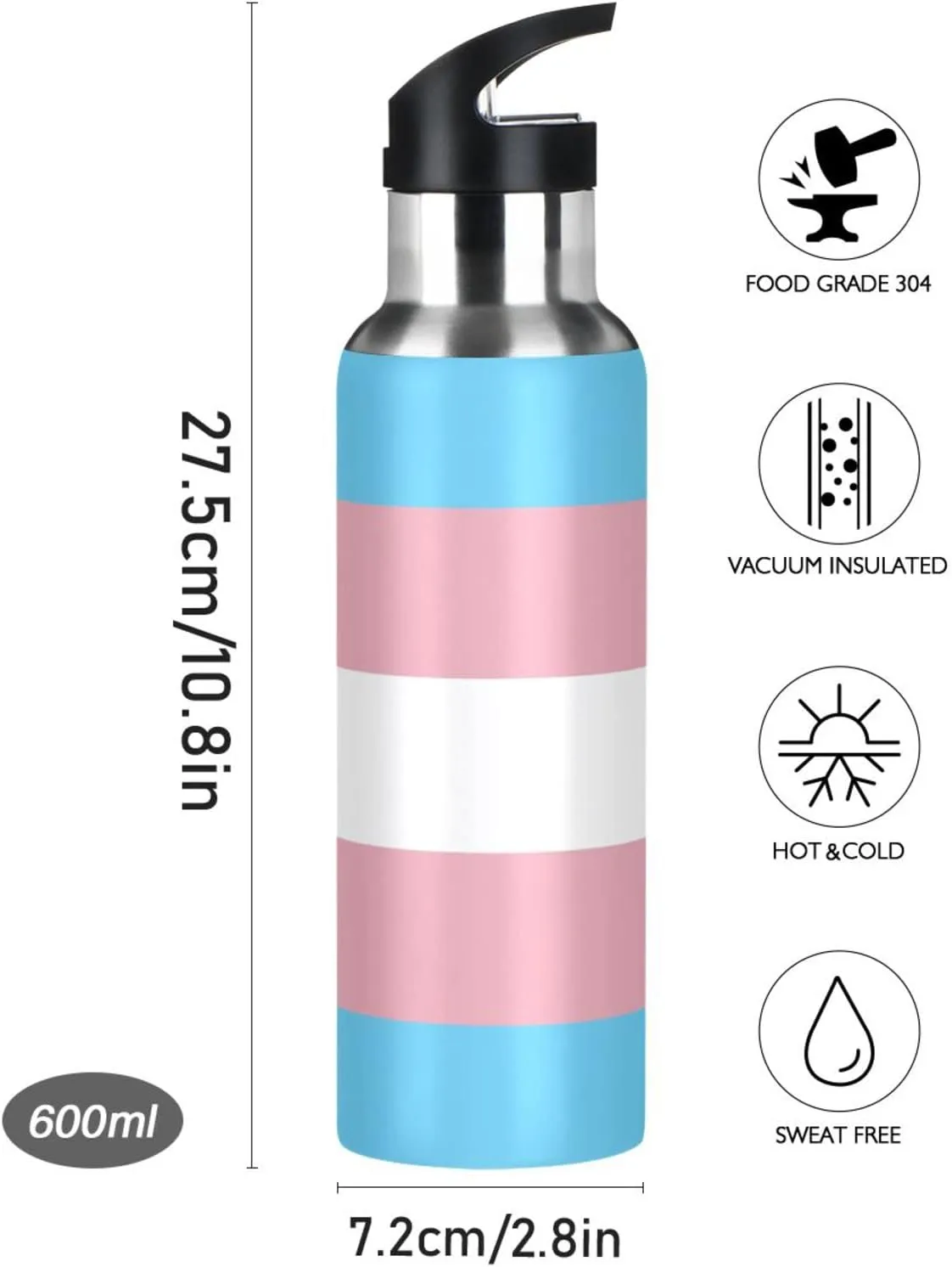 20 OZ Transgender Pride Flag Sports Water Bottle,Double Wall Vacuum Insulated Stainless Steel Pride Water Bottle with Straw Keeps Hot and Cold,Bike Running Travel Gym, Pride Month Day Gifts