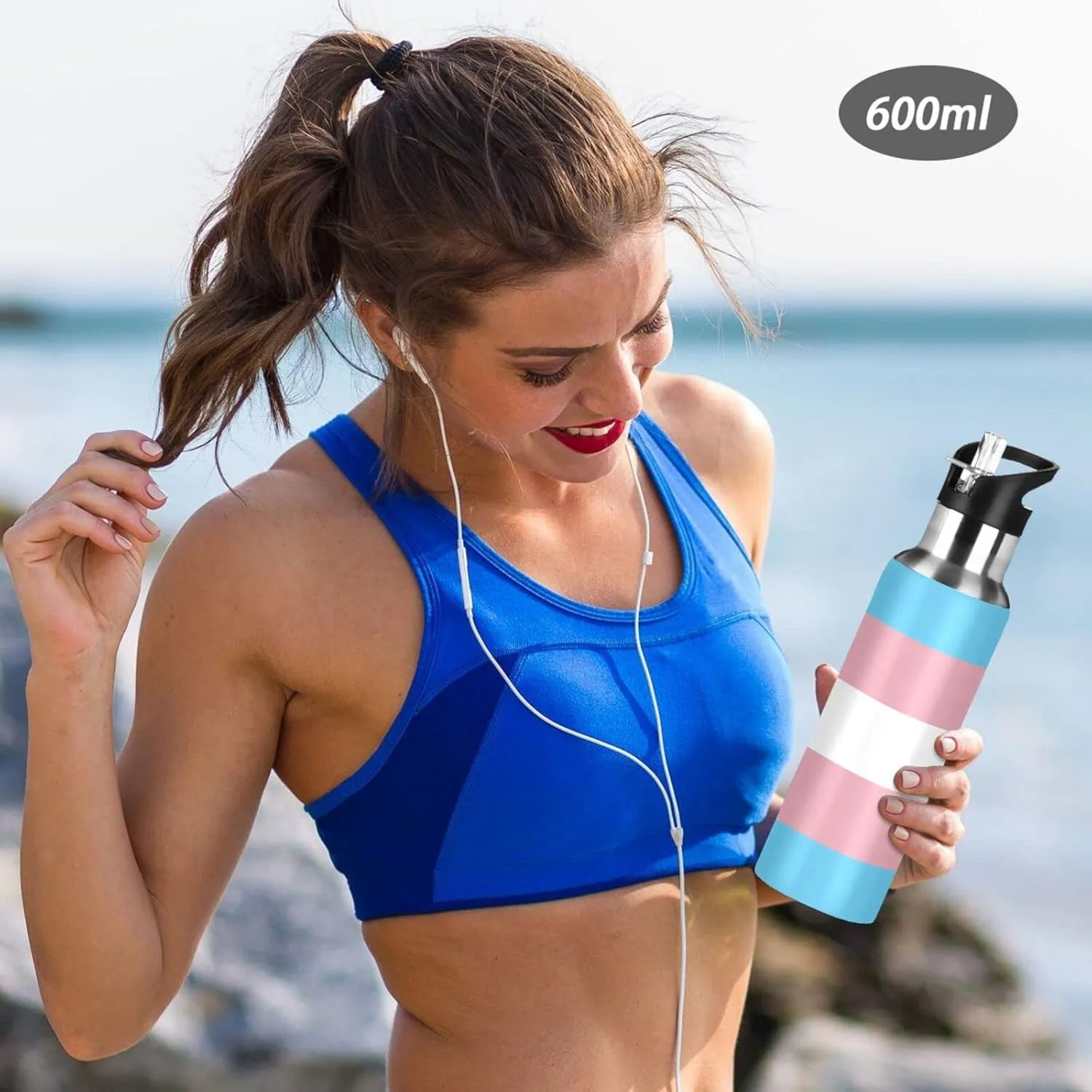 20 OZ Transgender Pride Flag Sports Water Bottle,Double Wall Vacuum Insulated Stainless Steel Pride Water Bottle with Straw Keeps Hot and Cold,Bike Running Travel Gym, Pride Month Day Gifts