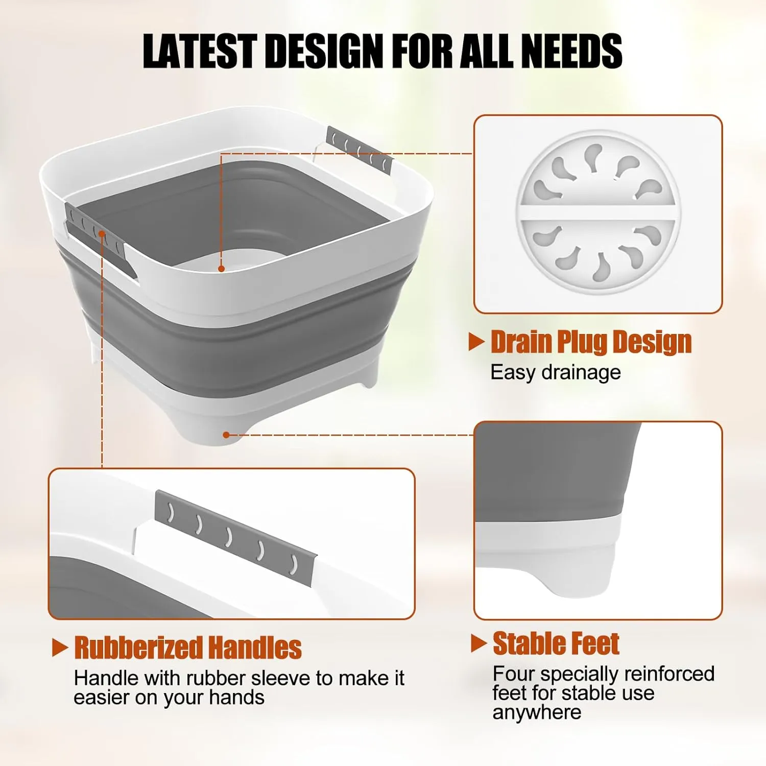 2.4 Gal(9L) 2PCS Collapsible Dish Basin Bucket with Drain Plug Portable Sink Space Saving Multiuse Bottle Washing Basin Foldable Sink Tub for Kitchen Camping RV Vegetable Washing Dishes