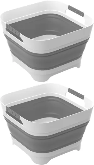 2.4 Gal(9L) 2PCS Collapsible Dish Basin Bucket with Drain Plug Portable Sink Space Saving Multiuse Bottle Washing Basin Foldable Sink Tub for Kitchen Camping RV Vegetable Washing Dishes