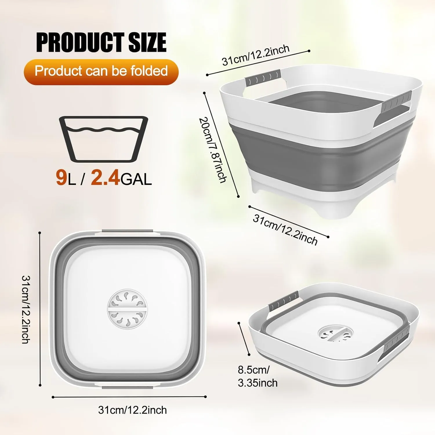 2.4 Gal(9L) 2PCS Collapsible Dish Basin Bucket with Drain Plug Portable Sink Space Saving Multiuse Bottle Washing Basin Foldable Sink Tub for Kitchen Camping RV Vegetable Washing Dishes