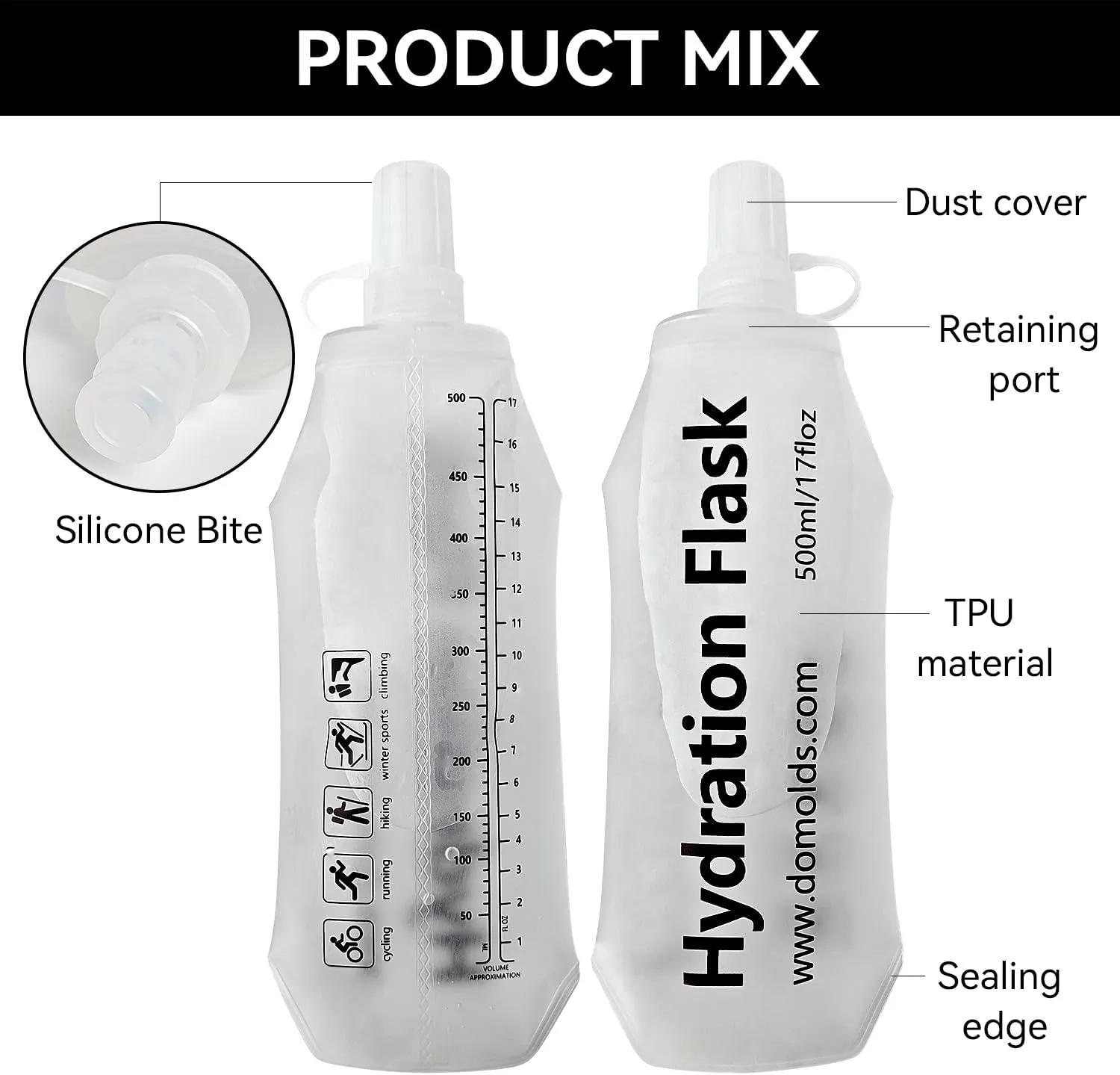 2Pcs 150ml Soft Flask Folding TPU Hydration Flask Running Water Bottle(5.29 oz), Water Pouch for Running Vest, Hiking, Cycling (White 150ml*2)