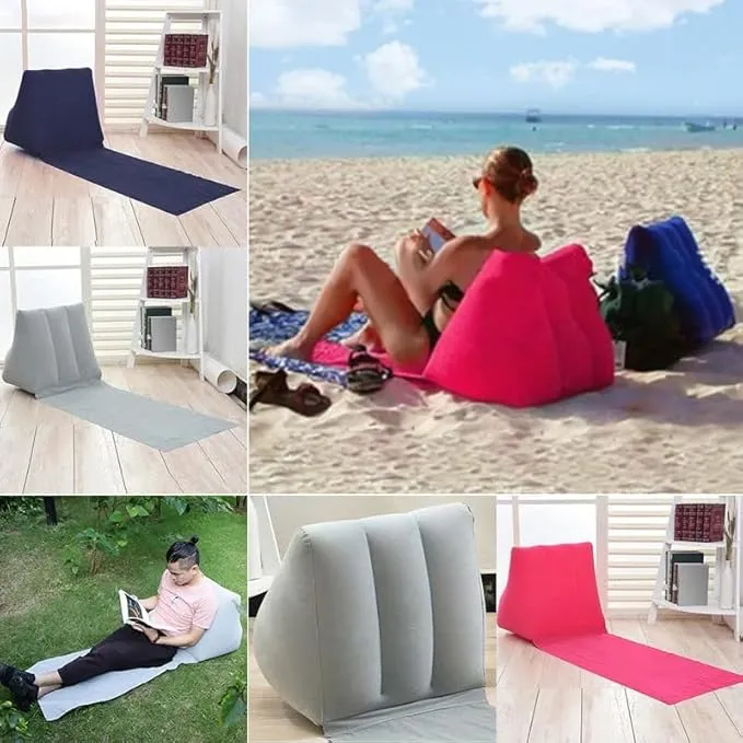 2PCS Grey Blue Inflatable Beach Mat Lounge Chair - Flocking Camping Leisure Lounger Back