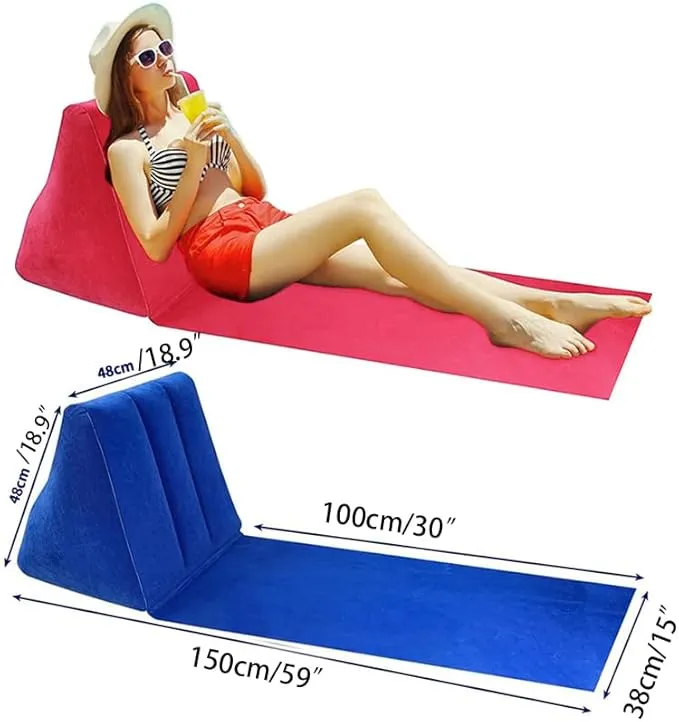 2PCS Grey Blue Inflatable Beach Mat Lounge Chair - Flocking Camping Leisure Lounger Back