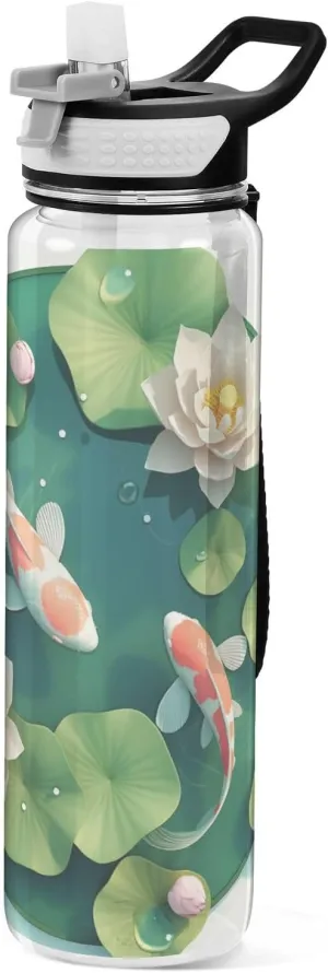 30 oz 3D Pond Scenery Distinctive Fish and Flowers Travel Water Bottle Tritan BPA-Free non toxic Jugs for Drinking for Camping Outdoors Collapsible