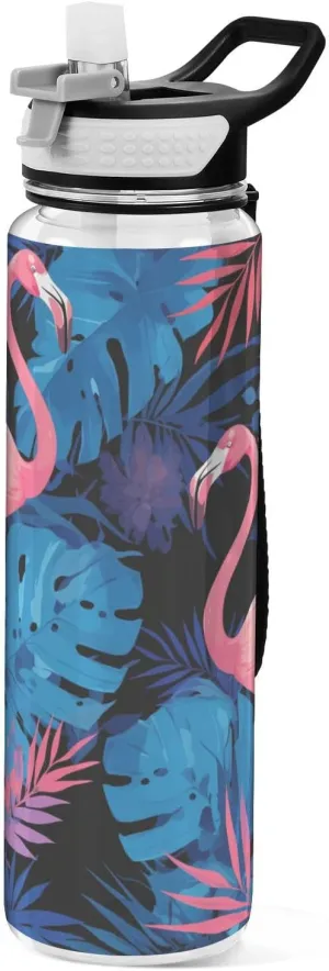 30 oz Blue Rainforest Flamingo Water Bottle Tritan In BPA Free non toxic Large Water Jug with Spout for Running Gym Collapsible