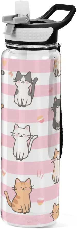 30 oz pink white stripes cartoon cat Water Bottle for Work Tritan Free BPA non toxic Jugs for Drinking for Camping Travelling Collapsible