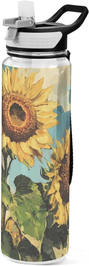 30 oz sunflowers oil painting yellow Sport Water Bottles Tritan BPA Free Leak Proof non toxic Water Jug for Gym for Camping Outdoors Collapsible