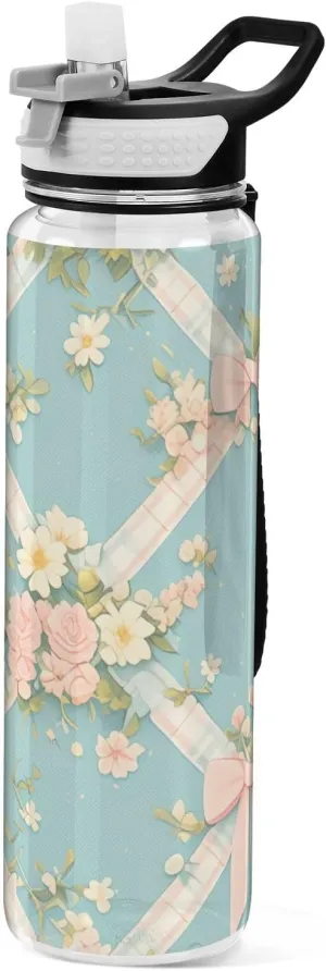 30 oz Vintage Pastel Pink Bows Wildflowers Blue Shapes Straw Water Bottles Tritan In BPA Free non toxic Jug Water Bottle for Camping Travelling Collapsible