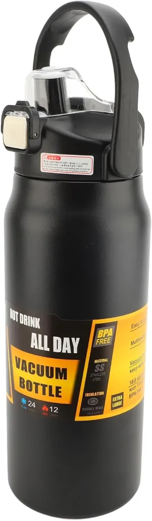 304 Stainless Steel Insulated Water Bottle 1.5L, 1500ml Straw Lid Handle Reusable Wide Mouth Vacuum Bottle for Gym Fitness (Black)