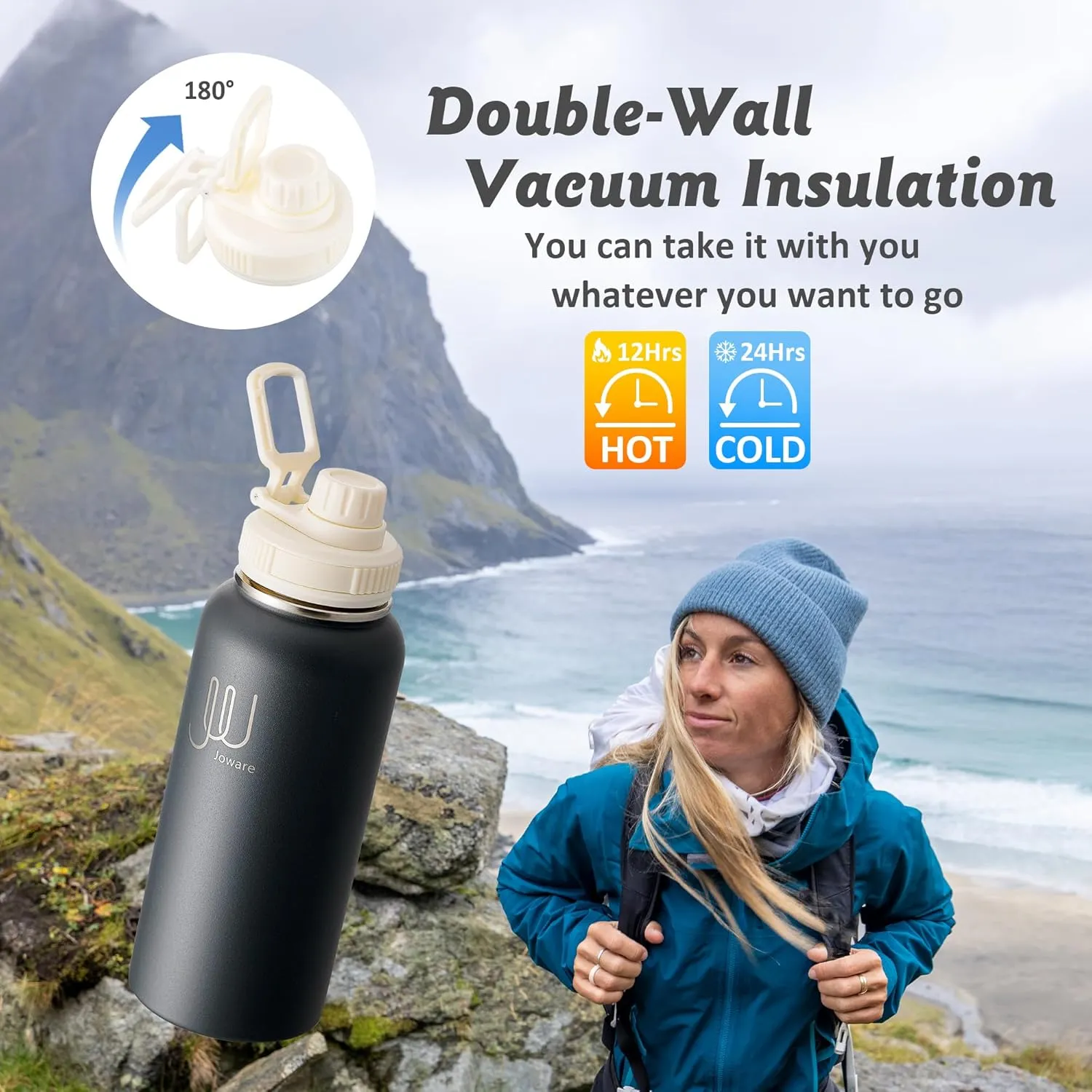 32 oz Insulated Water Bottle with Straw, Stainless Steel Sports Water Flask with 3 Lids, Leak Proof Travel Thermal Cup, Web Gray