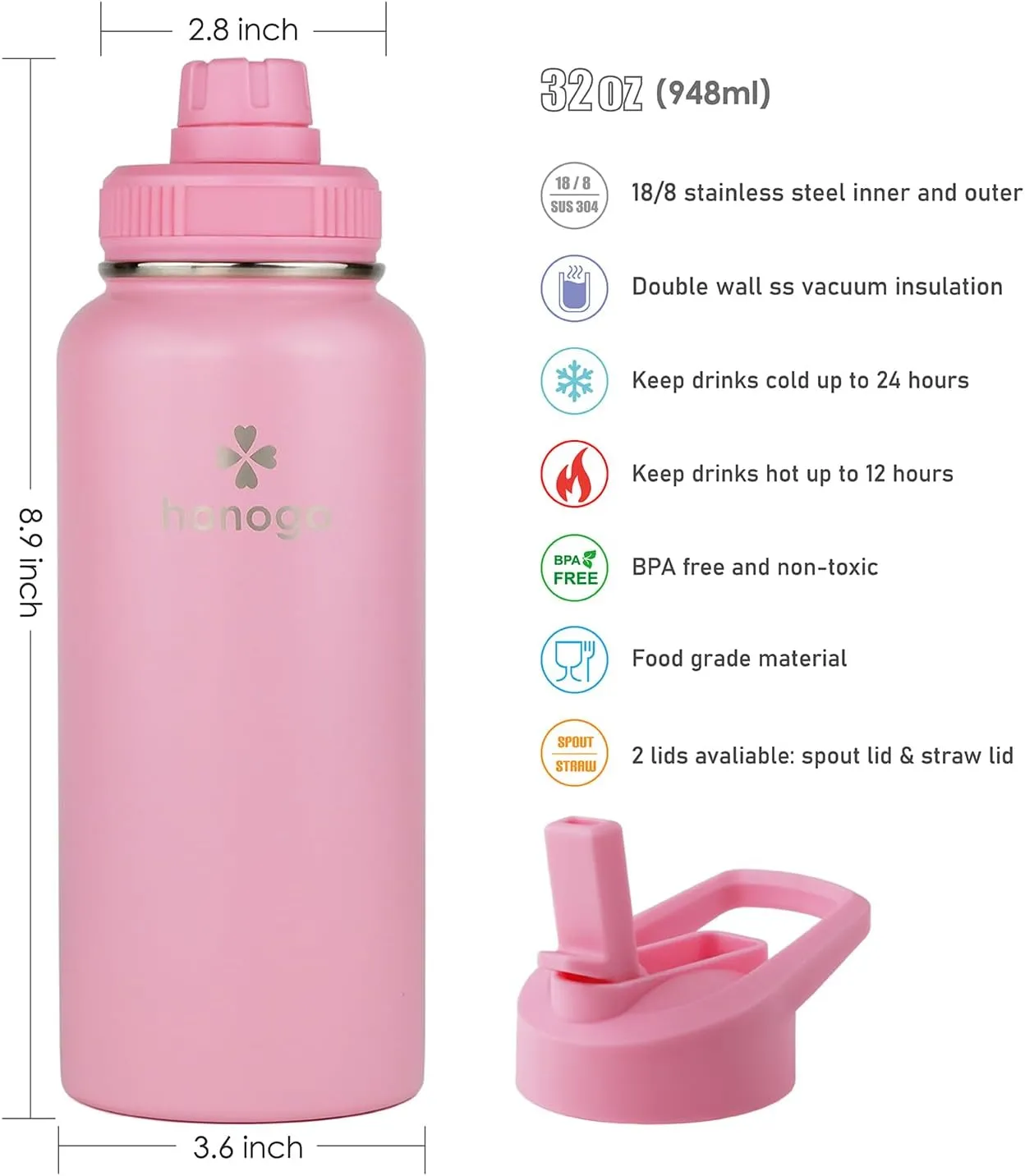 32 oz Powder Coated Double Wall Vacuum Insulated Sports Water Bottle, 18/8 Stainless Steel Wide Mouth Thermal Flask with Straw Lid & Spout Lid, Leak Proof, Sweat Free, BPA Free (Pink, 32 oz)