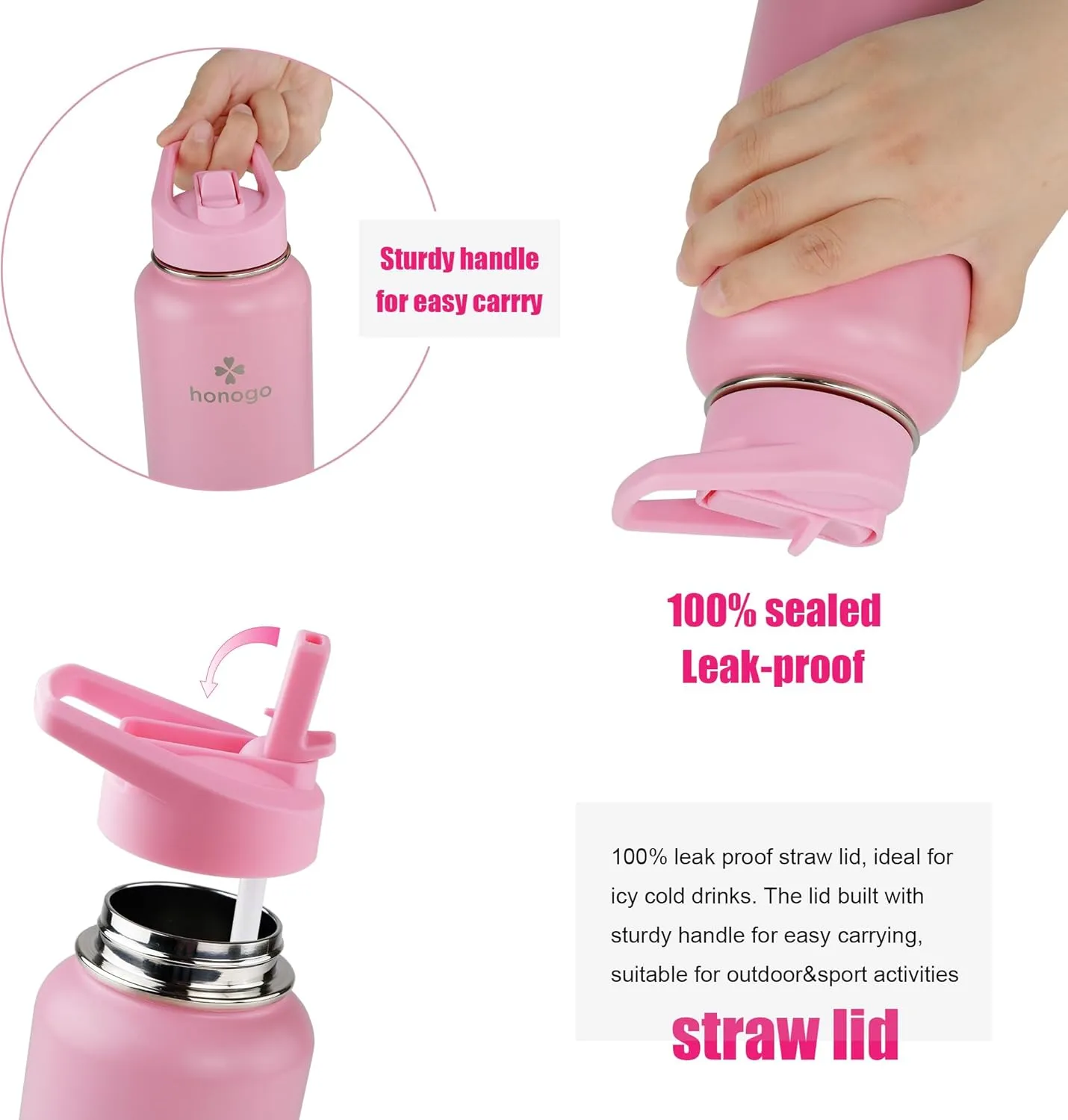 32 oz Powder Coated Double Wall Vacuum Insulated Sports Water Bottle, 18/8 Stainless Steel Wide Mouth Thermal Flask with Straw Lid & Spout Lid, Leak Proof, Sweat Free, BPA Free (Pink, 32 oz)