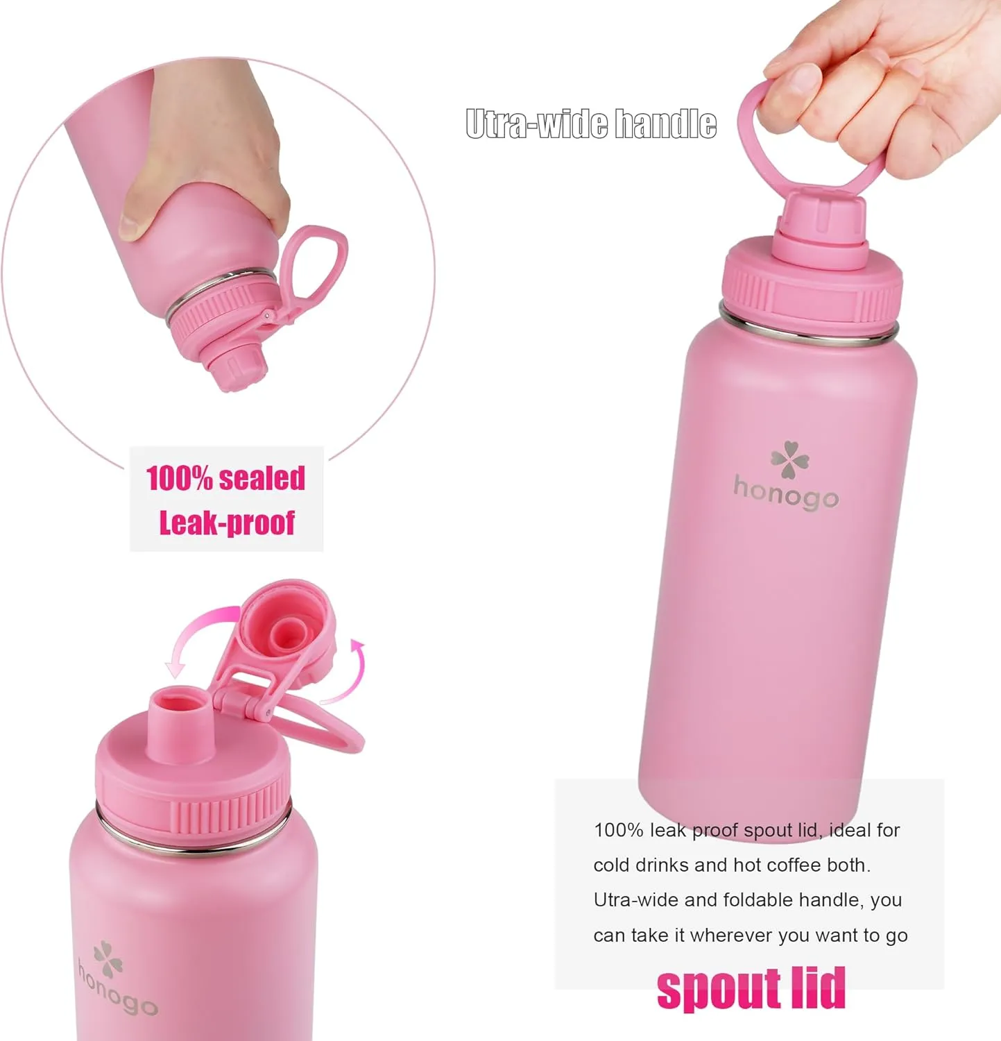 32 oz Powder Coated Double Wall Vacuum Insulated Sports Water Bottle, 18/8 Stainless Steel Wide Mouth Thermal Flask with Straw Lid & Spout Lid, Leak Proof, Sweat Free, BPA Free (Pink, 32 oz)