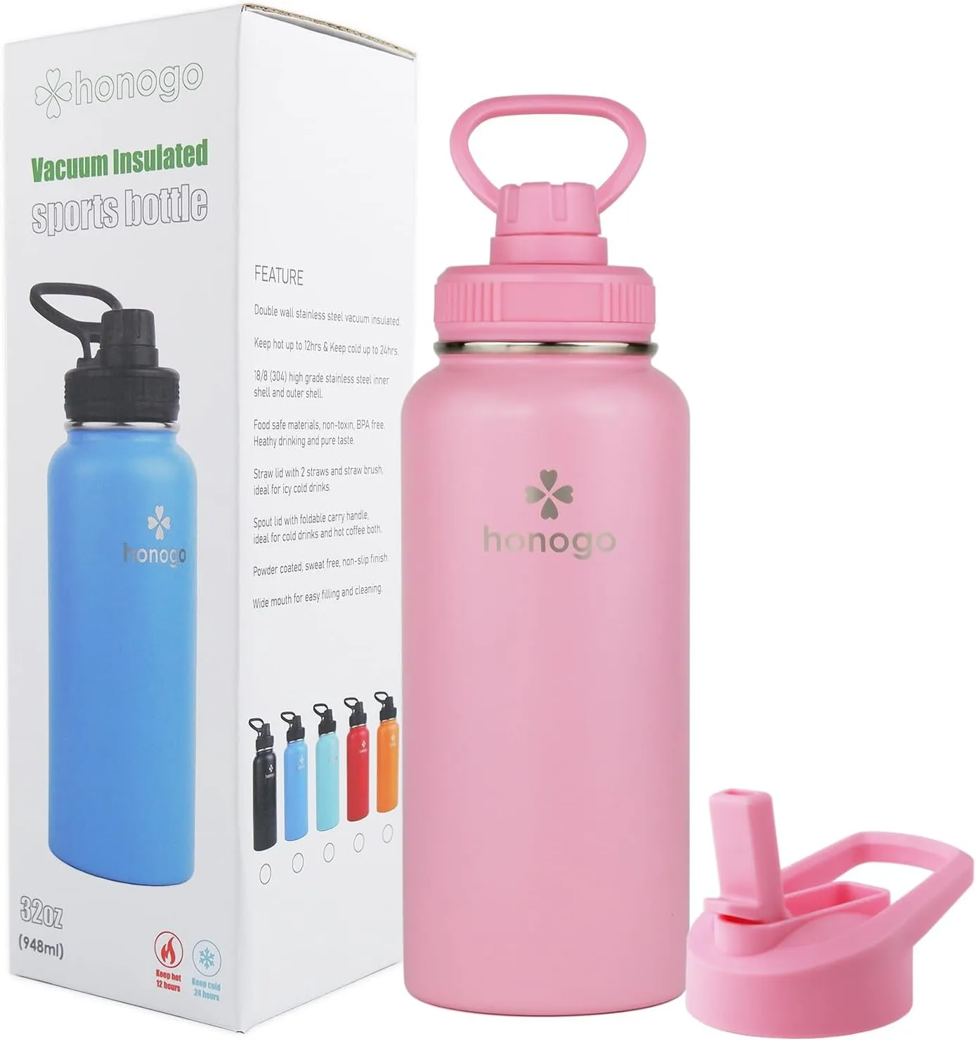 32 oz Powder Coated Double Wall Vacuum Insulated Sports Water Bottle, 18/8 Stainless Steel Wide Mouth Thermal Flask with Straw Lid & Spout Lid, Leak Proof, Sweat Free, BPA Free (Pink, 32 oz)