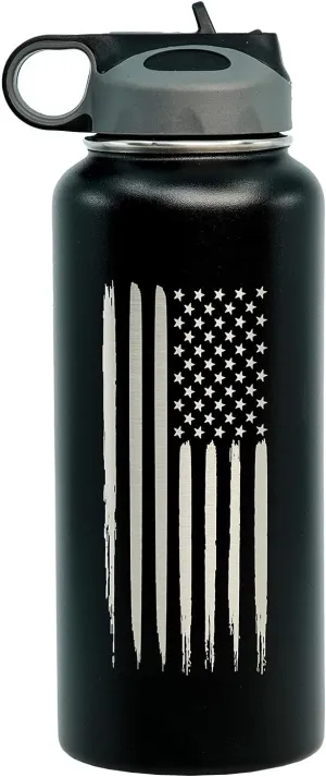 32oz American Flag Stainless Steel Insulated Water Bottle - Engraved USA Flag Gift Set | Disabled USMC Vet Owned SMALL Business