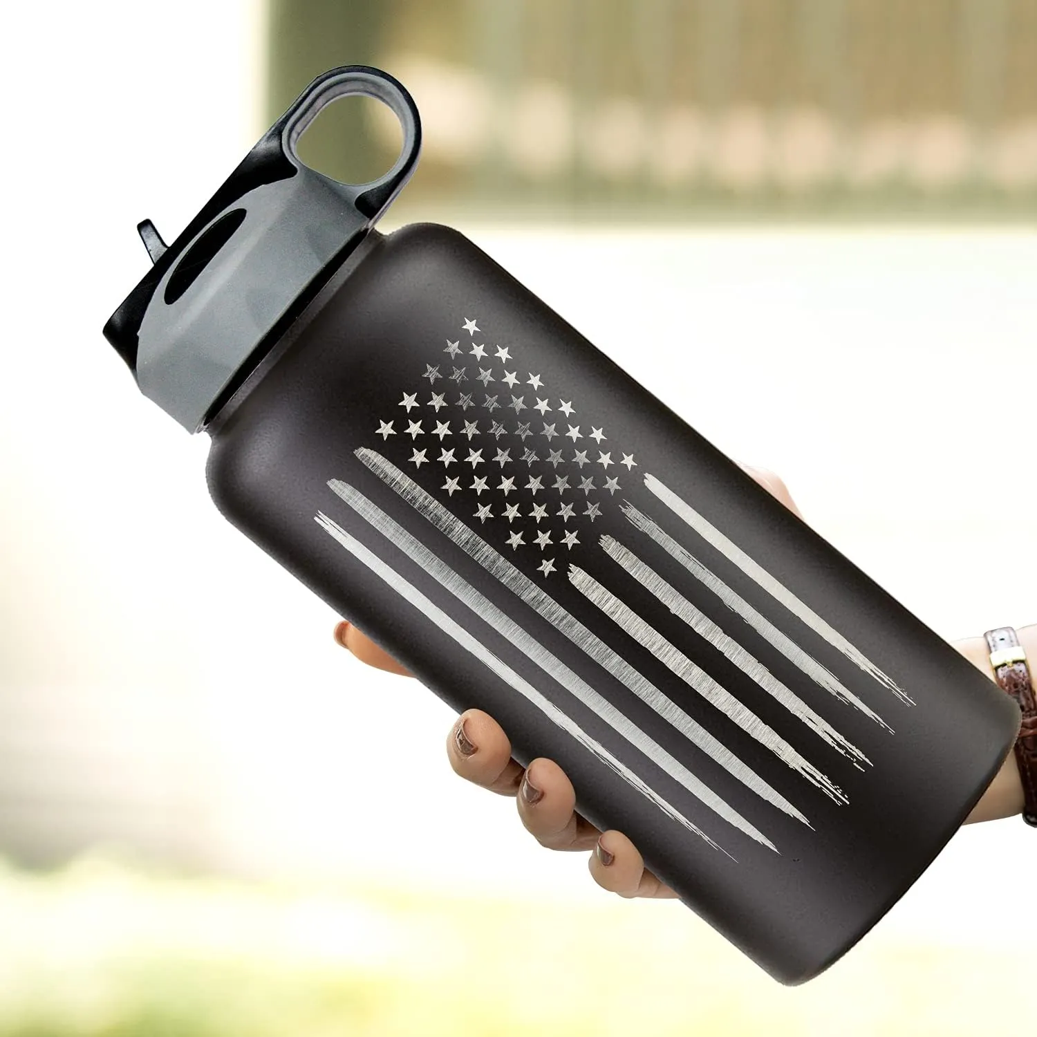 32oz American Flag Stainless Steel Insulated Water Bottle - Engraved USA Flag Gift Set | Disabled USMC Vet Owned SMALL Business