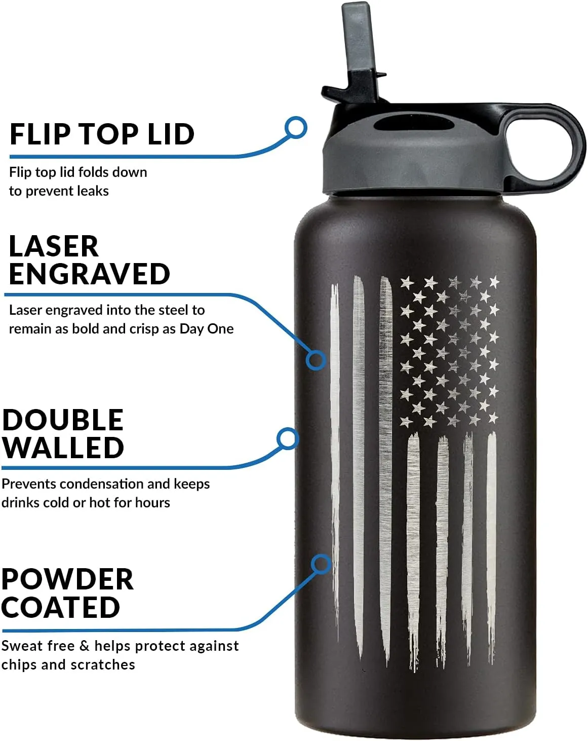 32oz American Flag Stainless Steel Insulated Water Bottle - Engraved USA Flag Gift Set | Disabled USMC Vet Owned SMALL Business