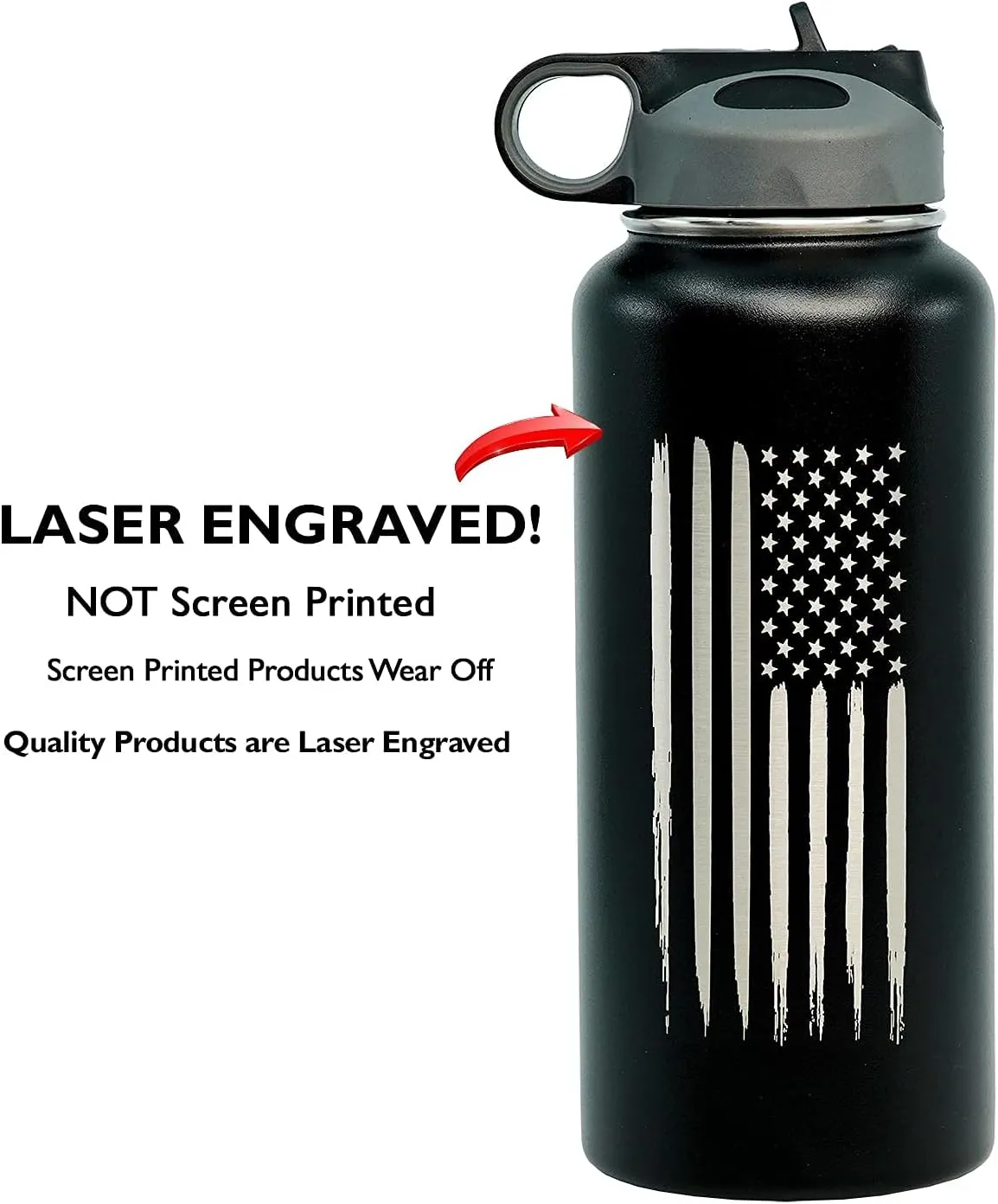 32oz American Flag Stainless Steel Insulated Water Bottle - Engraved USA Flag Gift Set | Disabled USMC Vet Owned SMALL Business