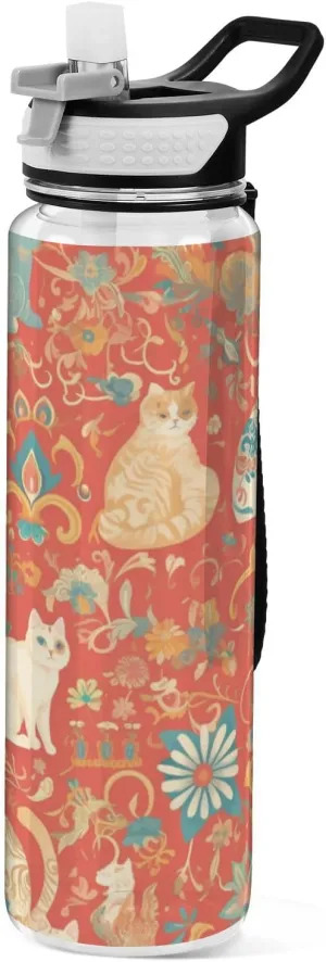 32oz Boho Style Red Cats Water Bottle Spout Lid Tritan In BPA Free non toxic Water Jug for Car Cup Collapsible