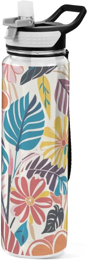 32oz Colorful Summer Hawaiian Flowers Water Bottle with Spout Lid Tritan BPA Free Leak Proof non toxic Water Jug with Spout for Outdoor Collapsible