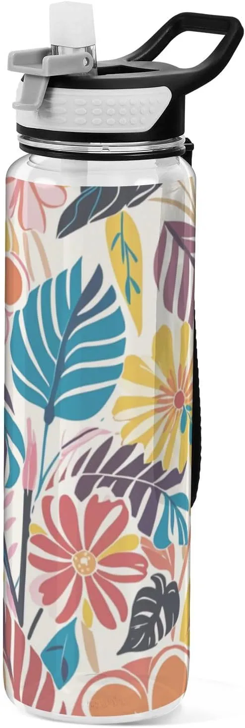 32oz Colorful Summer Hawaiian Flowers Water Bottle with Spout Lid Tritan BPA Free Leak Proof non toxic Water Jug with Spout for Outdoor Collapsible