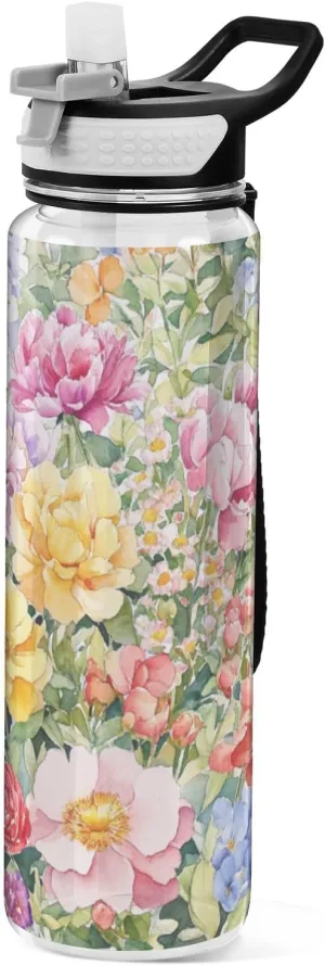 32oz Flowers Rose Cartoon Bike Water Bottle Tritan In BPA Free non toxic Water Jug with Straw for Fitness Collapsible