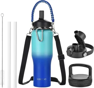 32oz Insulated Water Bottle with Paracord Handles &Strap, Double Wall Metal Stainless Steel Tumbler Travel Flask with Straw Lid and Spout Lid, Fits in Any Car Cup Holders Keep Cold Hot 24 Hrs