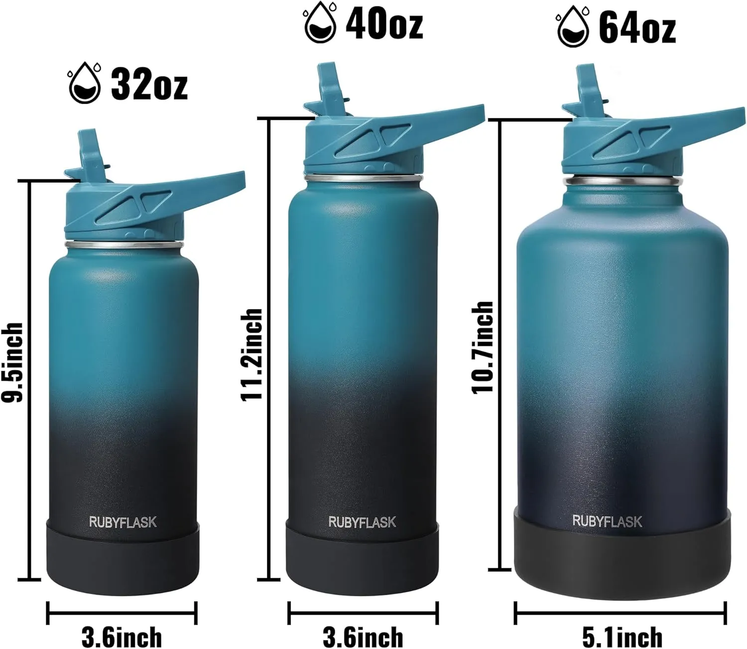 32oz Insulated Water Bottle with Straw, Stainless Steel Metal Vacuum Water Flask, Large Thermos Water bottle with Leakproof 3 Lids for Travel, Camping, Gym Sports Dark Rainbow