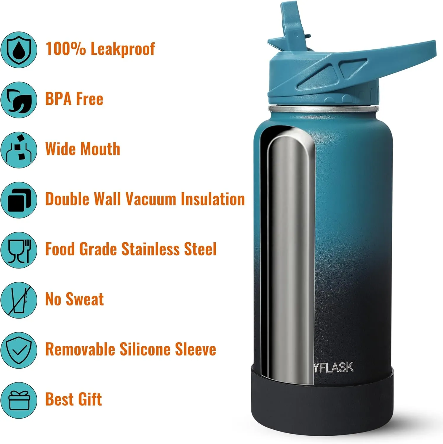 32oz Insulated Water Bottle with Straw, Stainless Steel Metal Vacuum Water Flask, Large Thermos Water bottle with Leakproof 3 Lids for Travel, Camping, Gym Sports Dark Rainbow