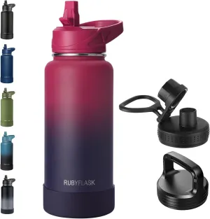 32oz Insulated Water Bottle with Straw, Stainless Steel Metal Vacuum Water Flask, Large Thermos Water bottle with Leakproof 3 Lids for Travel, Camping, Gym Sports Dark Rainbow