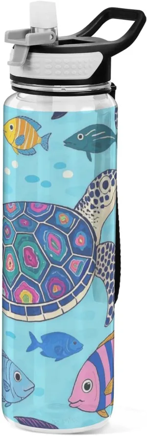 32oz Ocean Sea Turtle Fish Blue Water Bottle with Straw Tritan Free BPA non toxic Water Jug with Straw for Fitness Collapsible