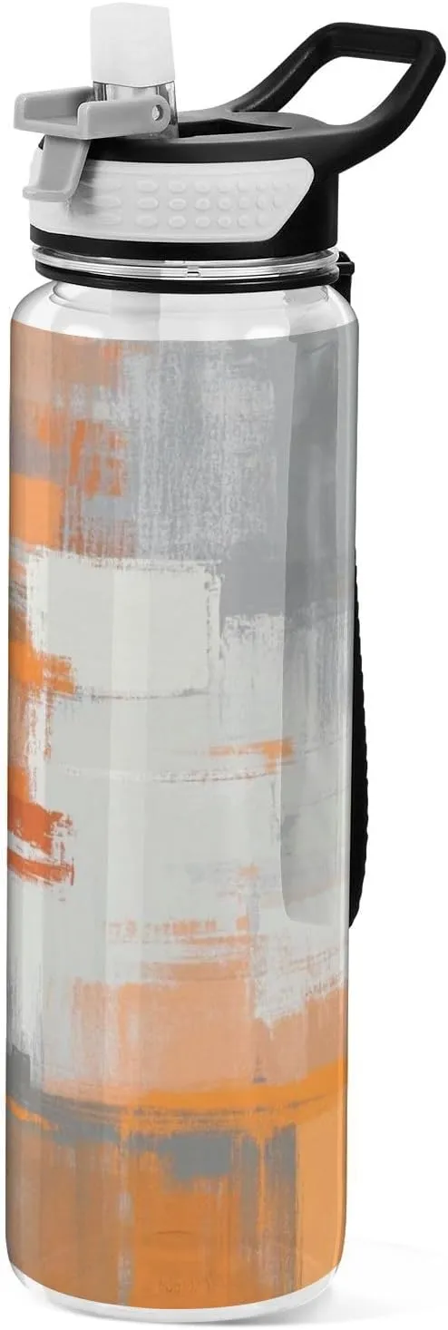 32oz Orange White Gray Ink Art Painting Simply Modern Water Bottle Tritan No BPA non toxic Jug with Handle for Car Cup Collapsible