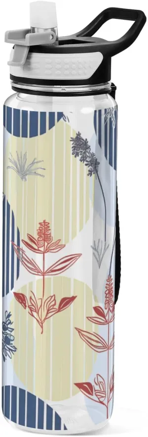 32oz Round Lines Leaves Abstract Art Slim Water Bottle for Travel Tritan BPA Free Leak Proof non toxic Water Jugs for Drinking for Yoga Collapsible