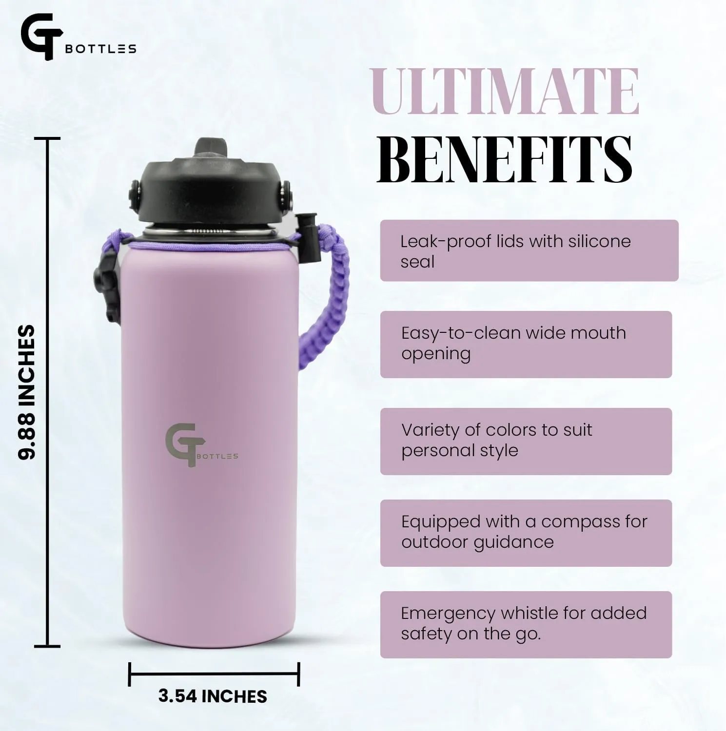 32oz Stainless Steel Vacuum Insulated Wide Mouth Water Bottle with 3 Lids and Paracord Handle for Hot & Cold Beverage (Light Purple, 32oz)