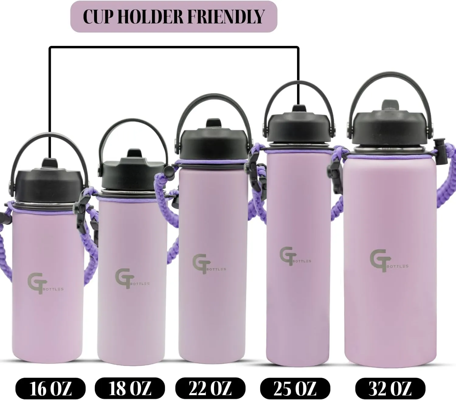 32oz Stainless Steel Vacuum Insulated Wide Mouth Water Bottle with 3 Lids and Paracord Handle for Hot & Cold Beverage (Light Purple, 32oz)