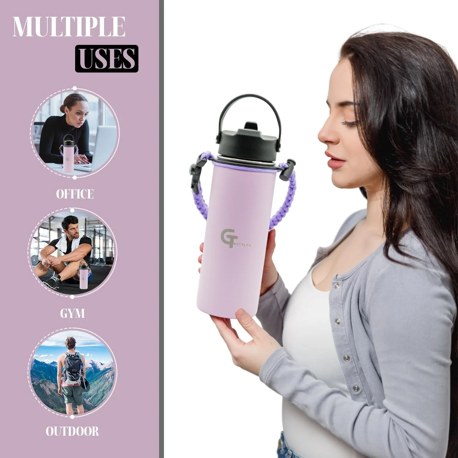 32oz Stainless Steel Vacuum Insulated Wide Mouth Water Bottle with 3 Lids and Paracord Handle for Hot & Cold Beverage (Light Purple, 32oz)