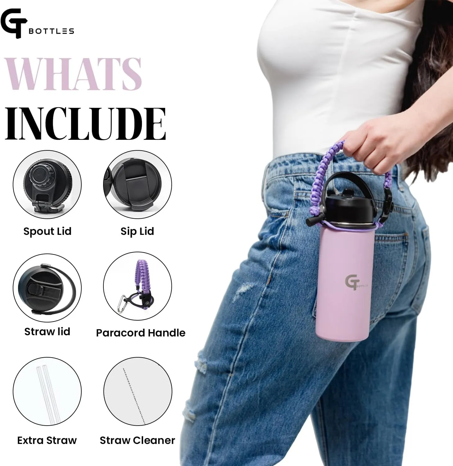32oz Stainless Steel Vacuum Insulated Wide Mouth Water Bottle with 3 Lids and Paracord Handle for Hot & Cold Beverage (Light Purple, 32oz)