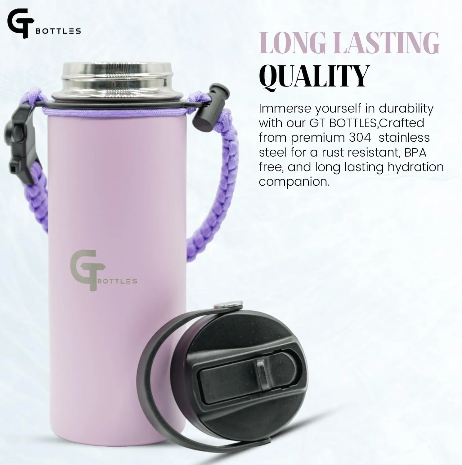 32oz Stainless Steel Vacuum Insulated Wide Mouth Water Bottle with 3 Lids and Paracord Handle for Hot & Cold Beverage (Light Purple, 32oz)