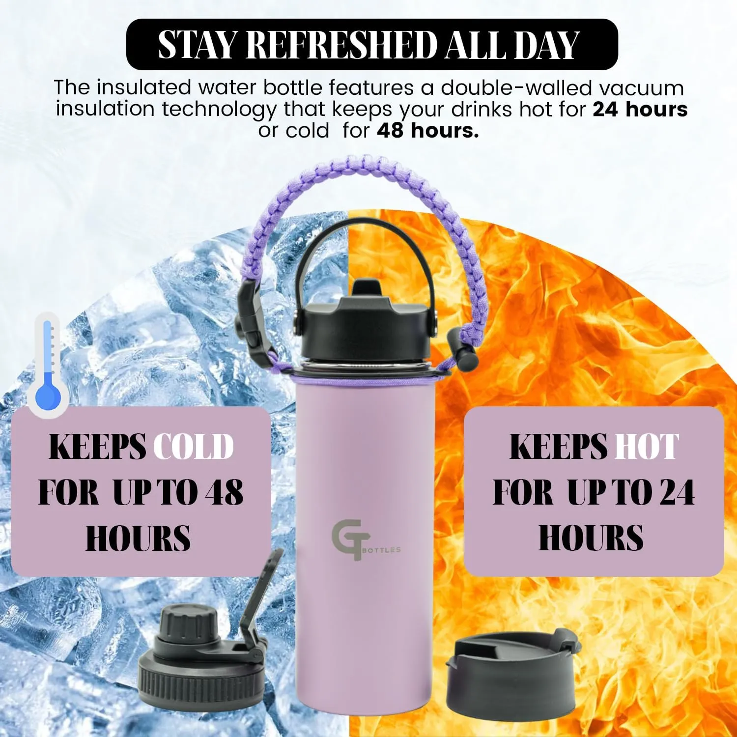 32oz Stainless Steel Vacuum Insulated Wide Mouth Water Bottle with 3 Lids and Paracord Handle for Hot & Cold Beverage (Light Purple, 32oz)