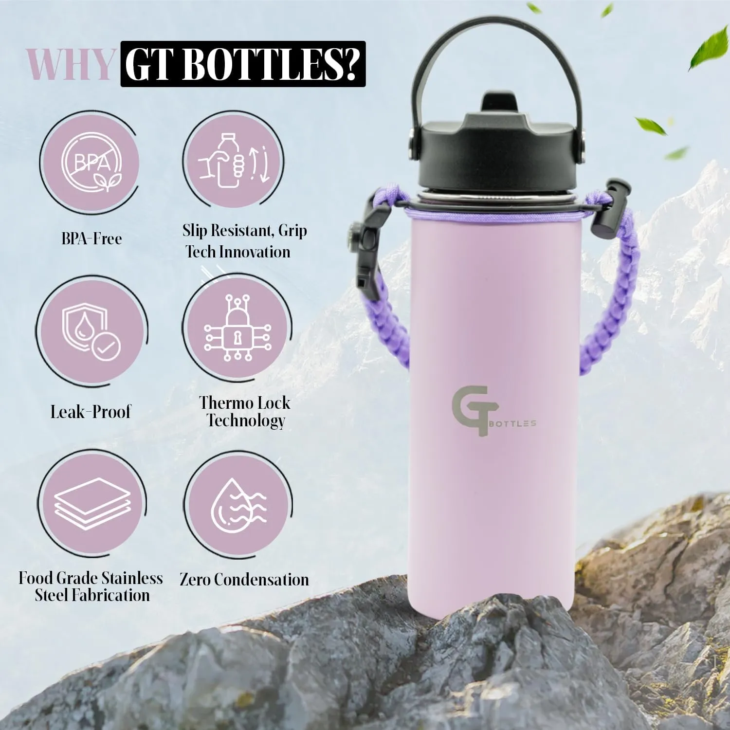 32oz Stainless Steel Vacuum Insulated Wide Mouth Water Bottle with 3 Lids and Paracord Handle for Hot & Cold Beverage (Light Purple, 32oz)