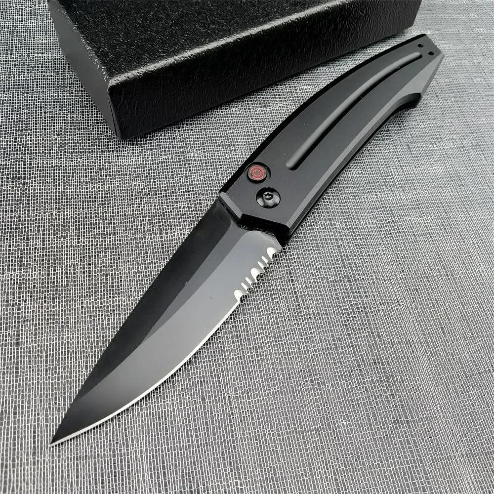 3.31'' D2 Steel Blade Aluminum Handles Speed Safe Botton Fast Opening Folding Knife with Pocket Clip, Camping EDC Tools, Survival Knives, Christmas Gift for Men and Women (Black Serrated Blade)