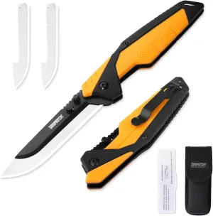 3.5" Replaceable Blade EDC Folding Hunting Knife with Dual Thumb Opener and Pocket Clip with 3 Drop Point Blades, Durable ABS and Non-Slip rubberized TPR Handle with Nylon-Holster